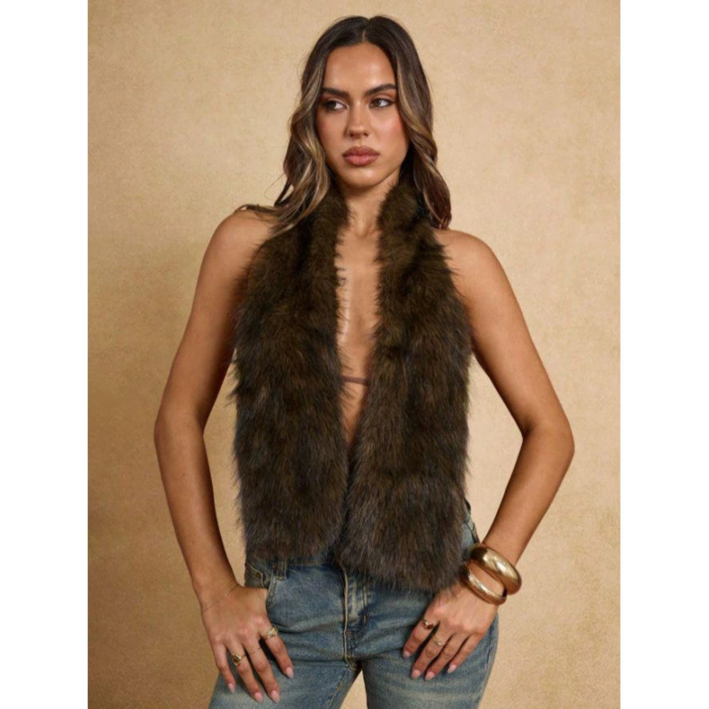 ZARA Womens Sleeveless Faux Leather Halter Neck Backless Fluffy Vest